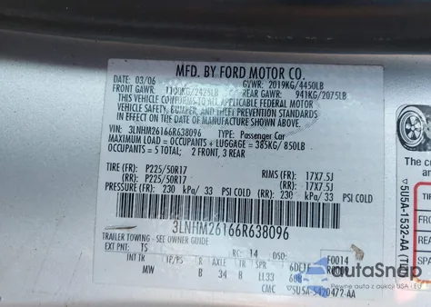 2006 Lincoln Zephyr из США, поврежденный, VIN 3LNHM26166R638096